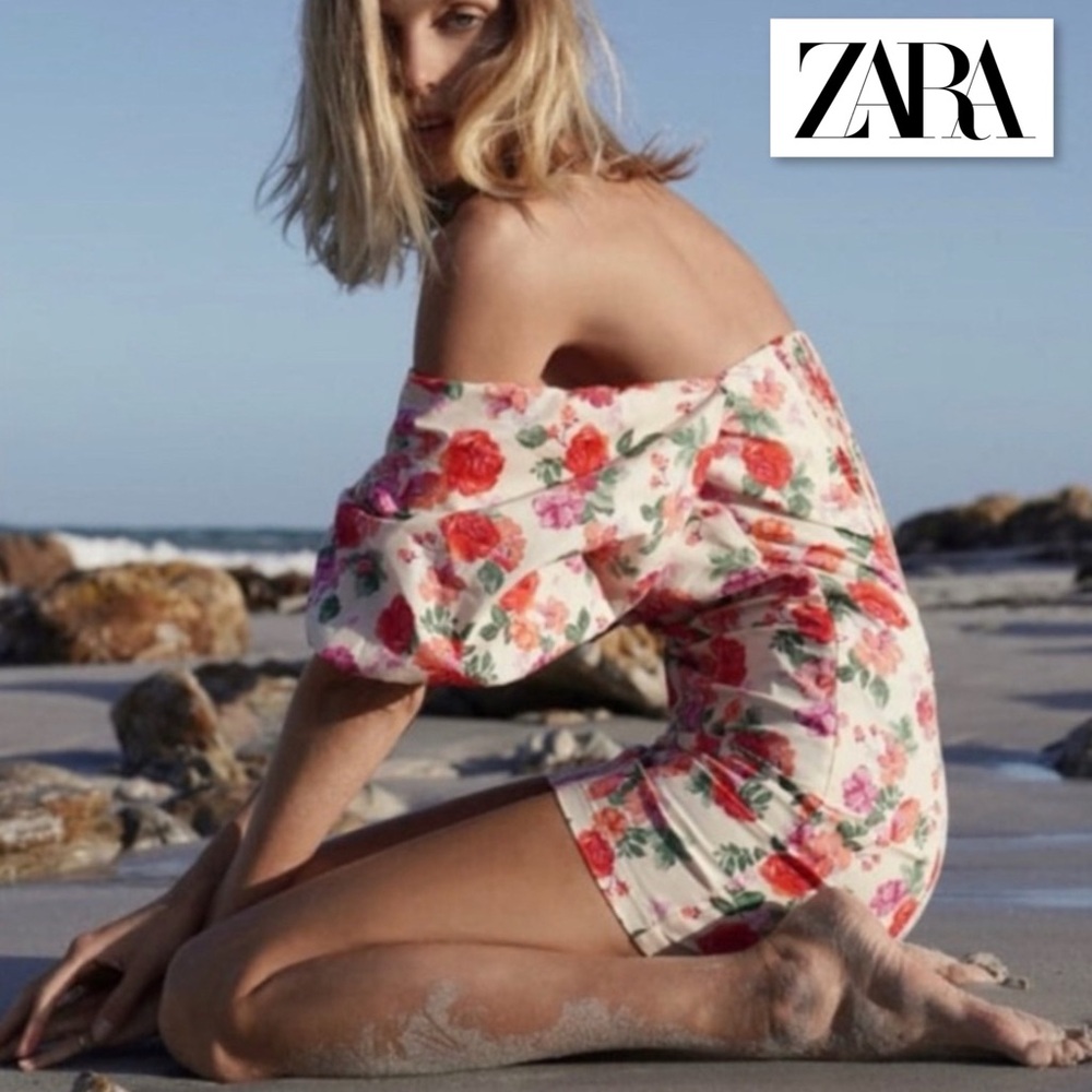 NWT ZARA THE CAROLINE DRESS S MINI FLORAL OFF SHOULDER PUFF SLEEVE Blogger Fave - Picture 2 of 16